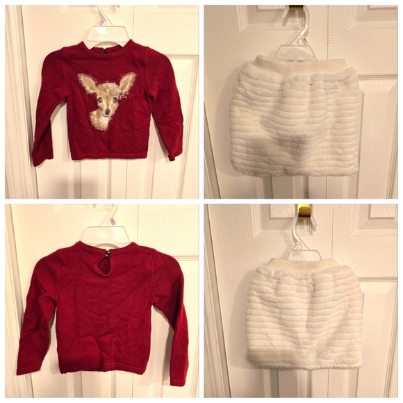 Cynthia Rowley Red Fuzzy Deer Sweater & White Fur Skirt Set | Size 2T - Picture 1 of 6